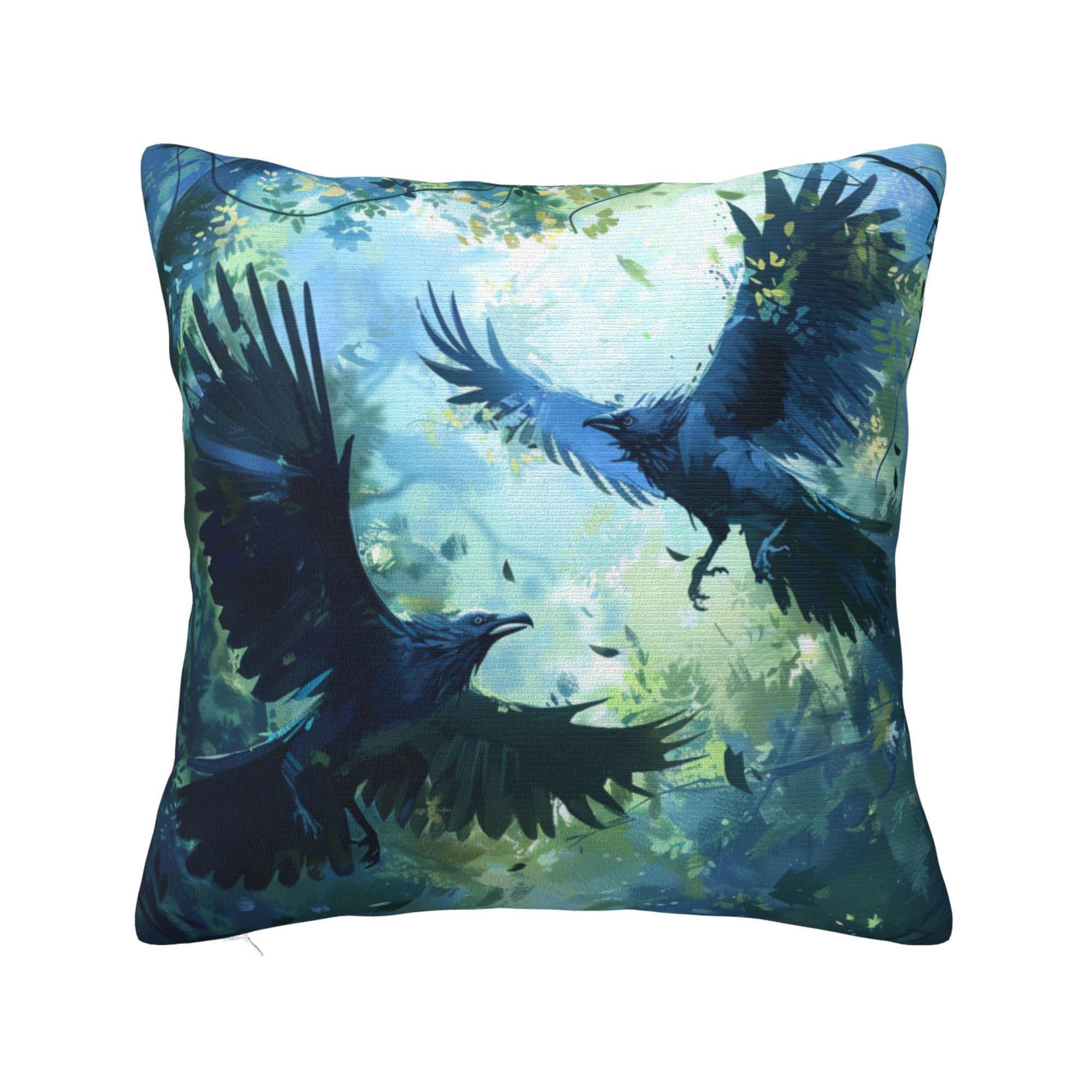 Blue Flying Ravens Print Pillow Cover